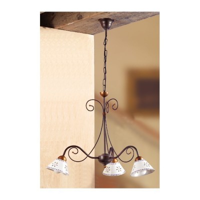 Lámpara colgante de forja con 3 luces en cerámica perforada y decoración country vintage - Ø 60 cm