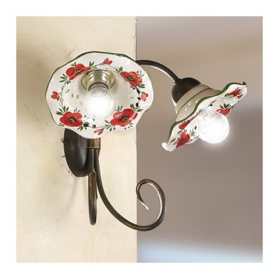 Aplique de pared de 2 luces con pantallas de cerámica onduladas decoradas en estilo rústico campestre - h. 30 centimetros