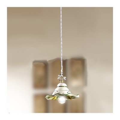 Pendant chandelier with wavy ceramic lampshade and retro vintage floral decoration - Ø 18 cm