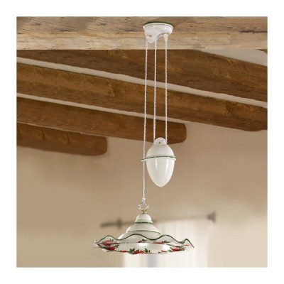 Sliding chandelier with counterweight and ceramic lampshade with vintage rustic floral decoration - Ø 41 cm