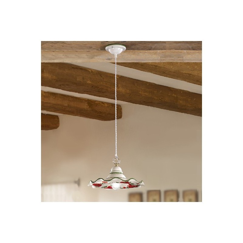 Sospensione Lampadari In Legno Rustici.Lampadario A Sospensione Con Paralume In Ceramica Ondulata E Decoro Floreale Rustico Country O 32 Cm Illuminazionedepoca Com