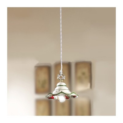 Pendant chandelier with wavy ceramic lampshade and retro vintage floral decoration - Ø 18 cm