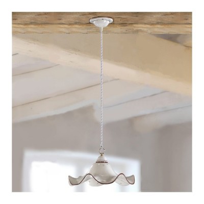 Pendant chandelier with rustic vintage wavy and perforated ceramic lampshade - Ø 40 cm