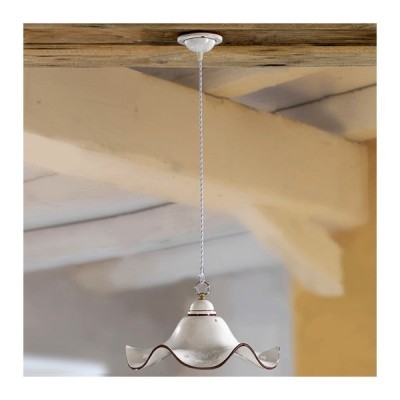 Pendant chandelier with vintage country wavy and perforated ceramic lampshade - Ø 21 cm