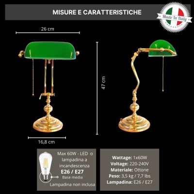 Ministerial brass table lamp with green glass shade. Made in Italy