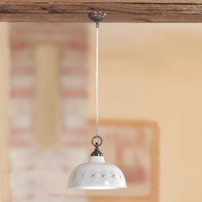 Rustic pendant chandelier in white glazed ceramic Ø 30 cm