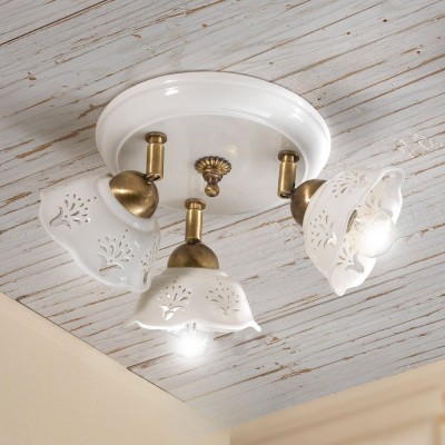 Rustic ceiling light with three lights in white glazed ceramic Ø 13 cm